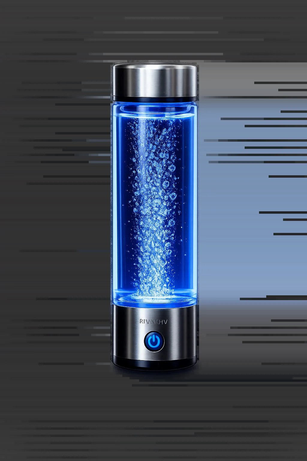 Portable hydrogen water bottle with blue glowing liquid and silver top, featuring a power button on black base against digital background