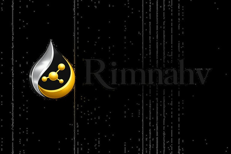 Rimnahy logo featuring a stylized water droplet in silver and gold with interconnected nodes on a dark digital background