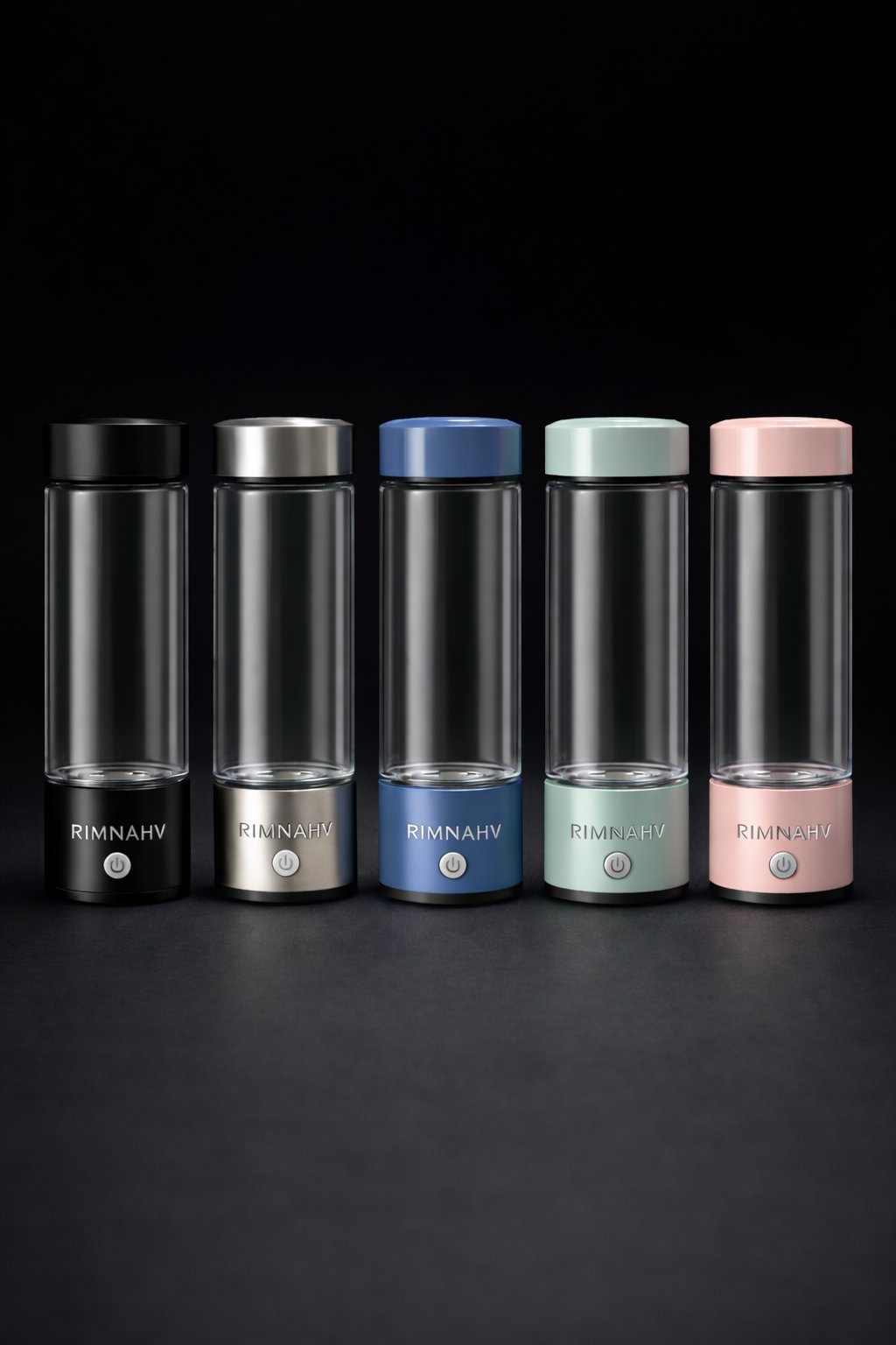 Five RIMNAHV portable water bottles with metallic-colored bases in black, silver, blue, green, and pink arranged in a row