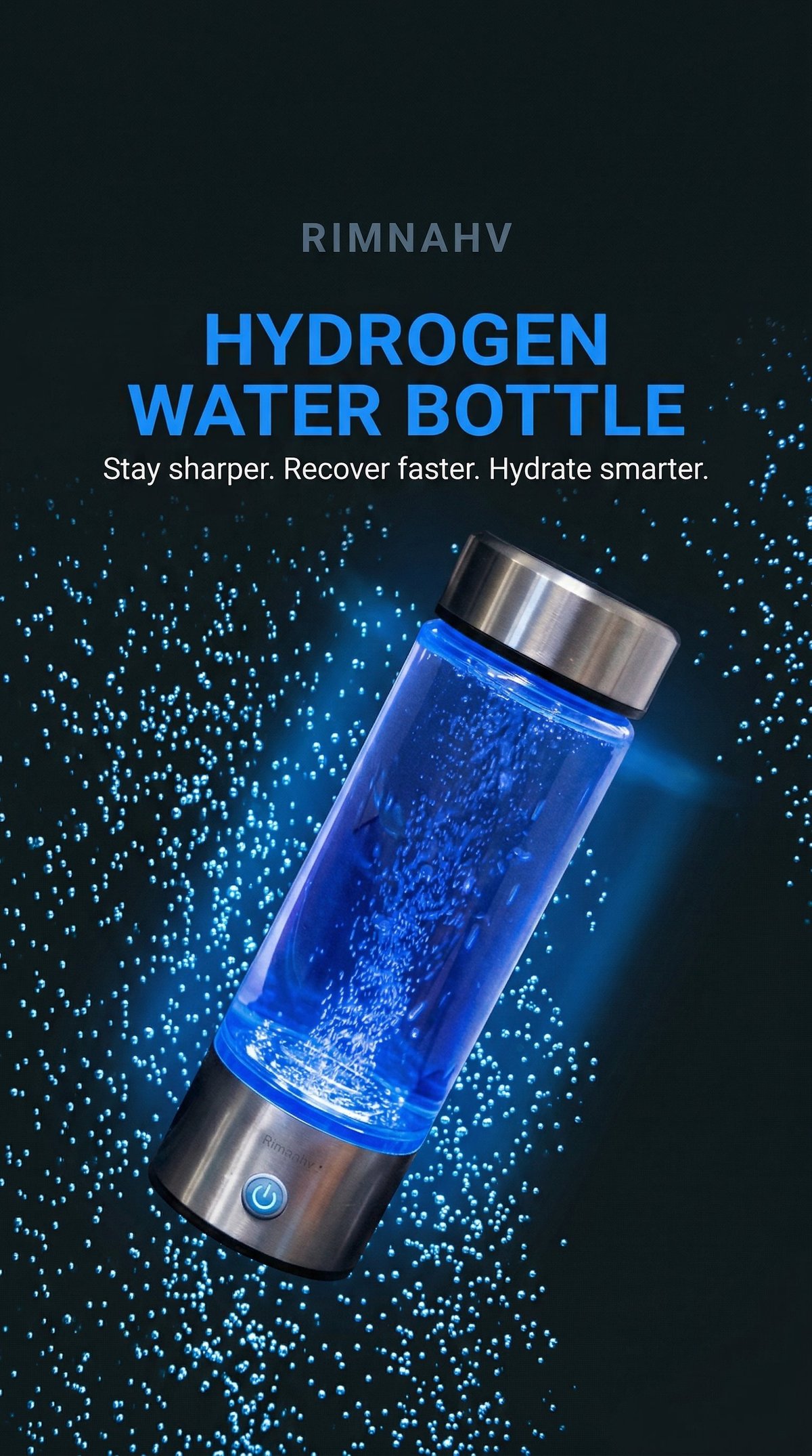 Hydrogen water bottle with blue glowing liquid and metal cap, surrounded by sparkling particles on dark background