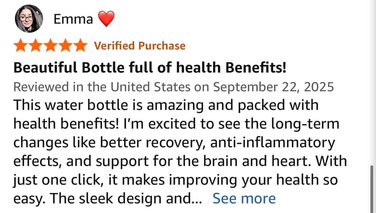 Five-star product review by Emma praising a health benefits water bottle, verified purchase dated September 22, 2025