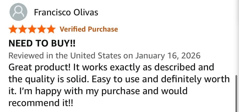 Five-star verified product review from Francisco Olivas praising quality and functionality, posted January 16, 2026