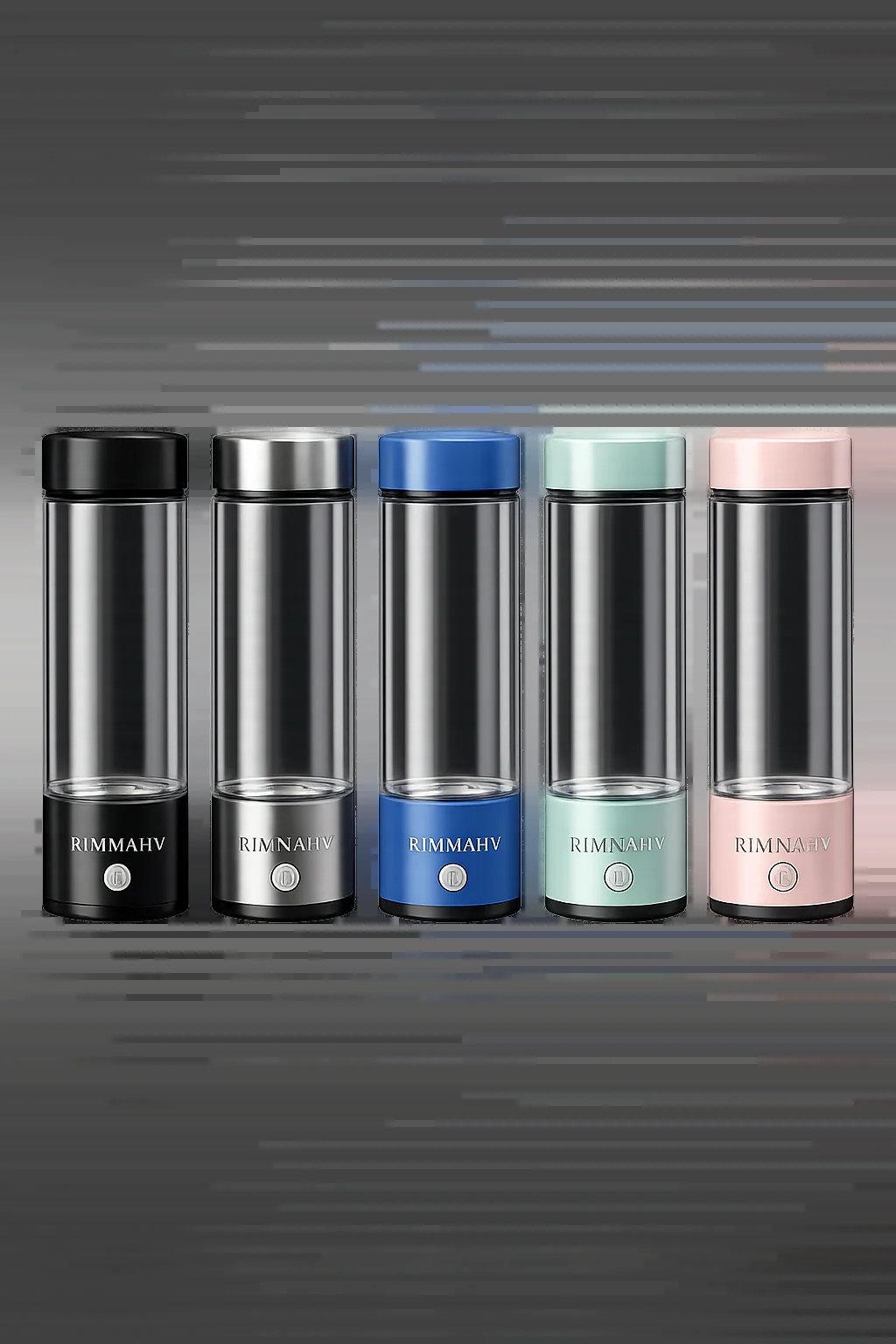 Five stainless steel water bottles with colored tops in black, silver, blue, green, and pink, arranged in a row