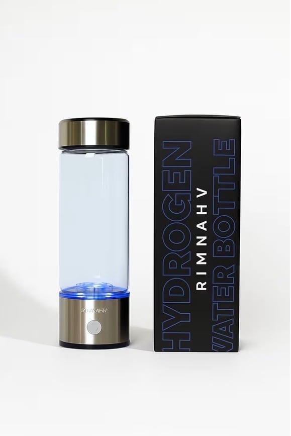 Hydrogen water bottle with stainless steel cap and blue electrolyte liquid next to black product box